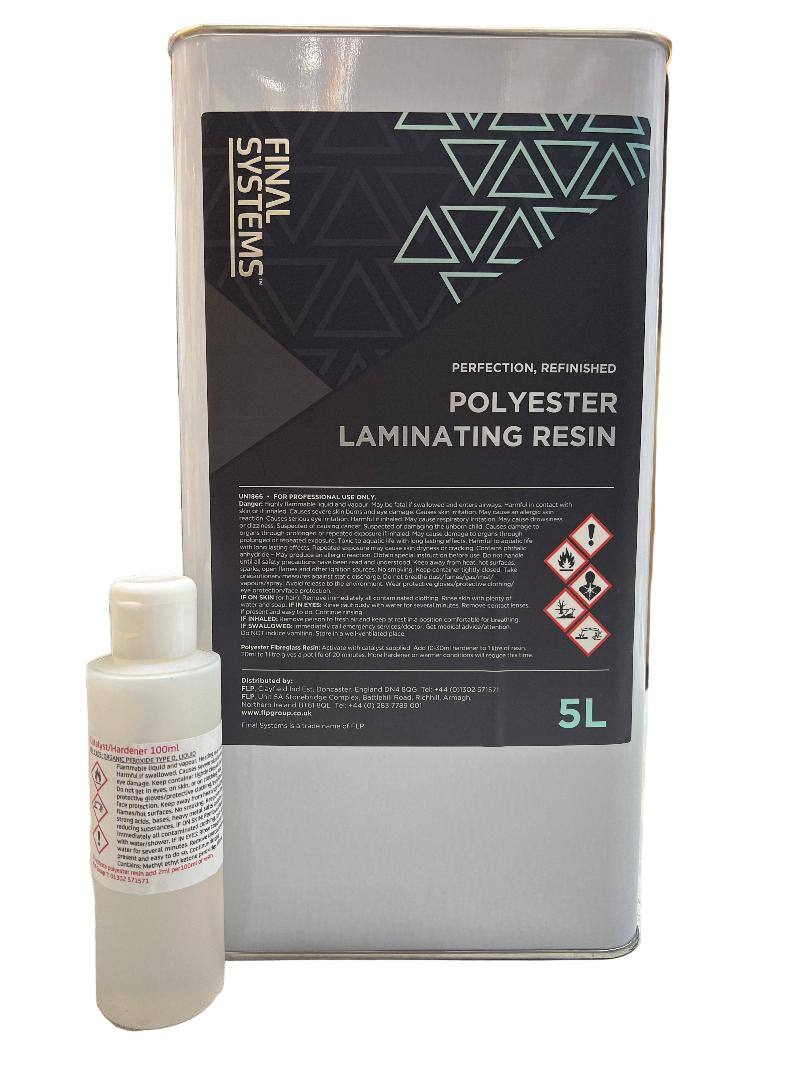 5L container of polyester laminating resin with a smaller bottle on a surface.